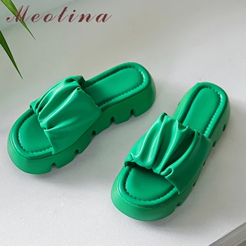 Meotina נשים עור אמיתי סנדלי שטוח נעלי פלטפורמת בוהן עגול עם קפלים גבירותיי נעליים נשיות סנדלי קיץ לבן ירוק 40