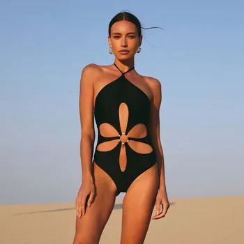 נשים של צבע מוצק חלול פרח אחד-חתיכת בגד ים 2023 סקסי ללא משענת הלטר ביקיני סט קיץ יוקרה בגד ים Beachwear