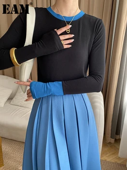 [ידה] נשים צבע שחור-בלוק רזה מזג חולצה חדשה צוואר עגול שרוול ארוך אופנה גאות אביב סתיו 2023 1DF6714