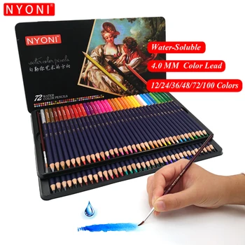 NYONI פרימיום רך הליבה 72 עפרונות אקוורל 12-100 תכלת דה קור מקצועי מים מסיסים עפרונות צבעוניים על ציוד אמנות
