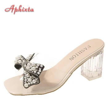 Aphixta קיץ שקוף מרובע עקבים גבישים פרל קשת שקופיות הבוהן ציוץ מסיבת כפכפים סנדלים נעליים יפות בתוספת גודל גדול 46