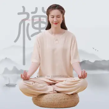 2023 נשים סינית מדיטציה זן יוגה בגדי וינטג 'hanfu כותנה פשתן גג+שאיפה להגדיר את הטאי צ' י קונג פו המדים הבודהיסטית בגדים