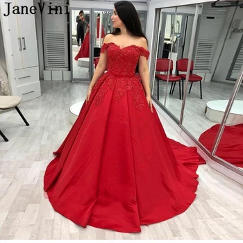 JaneVini מקסים נסיכה, שמלת נשף אדומה לנשף שמלות 2019 מחוץ כתף אפליקציות חרוזים תחרה למעלה חזרה סאטן גודל פלוס שמלות לנשף