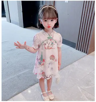 בגדי קיץ ילדה תינוק להתלבש בסגנון סיני Cheongsam ילדה שיפון שמלת ילדה חדשה עם שרוולים קצרים שמלת Hanfu