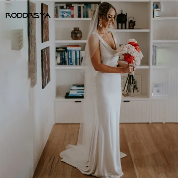 RODDRSYA החתונה פשוט Dreses לנשים 2023 סאטן סקופ צוואר, חגורת שמלת כלה בהזמנה אישית ללא משענת שרוולים החלוק De Mariée