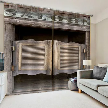 בן דלת עץ קיר אבן רטרו מודפס וילונות הסלון קישוט מודרני פוליאסטר ההכרה מטבח, חדר שינה וילון