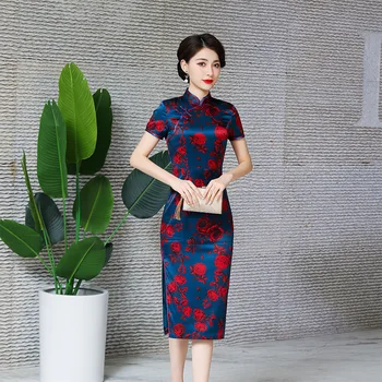 רטרו אלגנטי בסגנון סיני השתפר אירועים שמלה יומי משי מודפס פרח Cheongsam עם מנדרין צווארון סלים צ ' יפאו שמלות