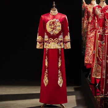 בציר אלגנטי מזרחי דרקון אדום רקמה, ואגלי טאנג חליפות בגדים לחתן, שמלה סינית חתונה בסגנון טוסט תחפושות