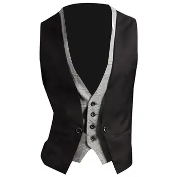 המשרד גברים אופנה מזויף שני חלקים צוואר V שרוולים כפתור בכיס הז 'קט הג' קט עסקים מזדמנים זכר האפוד על מסיבת החתונה.
