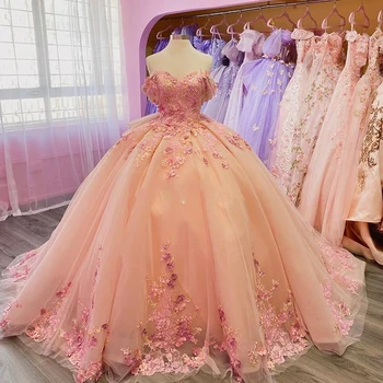 ורוד מתוק הטקס שמלות 2023 שמלת נשף אפליקציות תחרה על המחוך הארוך 15 שנה בנות מסיבת יום הולדת שמלת מחוך