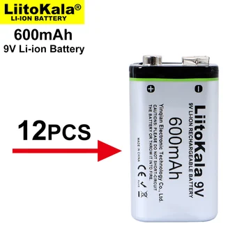 Liitokala-סוללת li-ion סוללה עבור המיקרופון, 600mah, 9V, 6F22, RC multimeter, צעצועים, טמפרטורה האקדח, 12 חתיכות