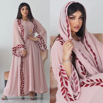 ורוד צוואר עגול שמלה עם סרט המזרח התיכון אופנה רחוב קיץ שיפון ארוך המוסלמים רקמה