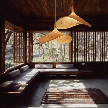 אמנות Led נברשת אורות תליון מנורה עיצוב חדר יפנית במבוק תלוי קש אריגה גן מסעדות ללמוד השינה חי