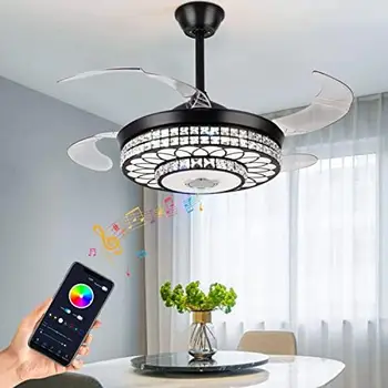 נשלף מאוורר תקרה עם תאורה Bluetooth רמקול קריסטל מודרני תאורת תקרה מאוורר שליטה מרחוק אוהד להב אוהד אור