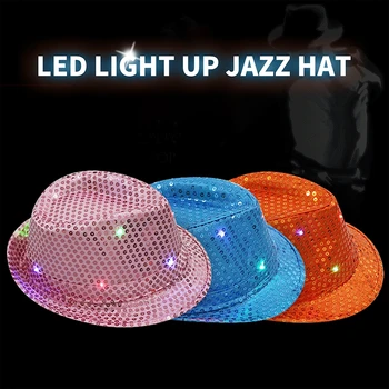 יצירתי LED מהבהב ג 'אז כובע למבוגרים היפ הופ ריקוד מופע נצנצים ג' אז כובע זוהר בחושך זוהר פדורה תלבושות הבמה אביזרים