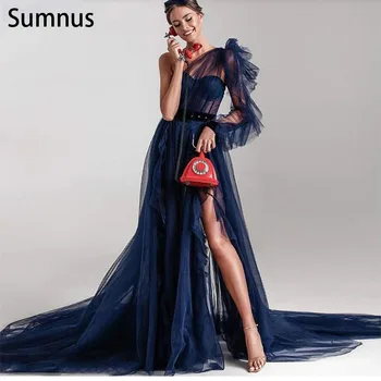 Sumnus כחול נייבי כתף אחת שמלות לנשף שרוול ארוך אשליה קפלים הירכיים, חותך את קו שמלות ערב רשמית מסיבת Dresse