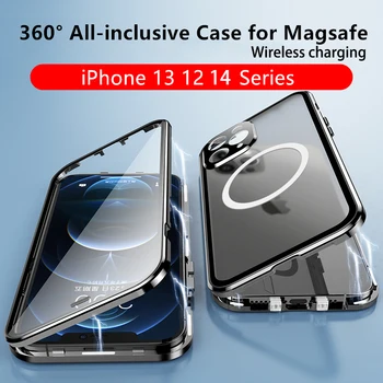 במקרה Magsafe תואם iPhone 14 13 12 11 Pro מקס 360° מלא סגור הגנה סגסוגת אלומיניום זכוכית מגנטי מעגל כיסוי
