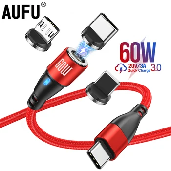 AUFU מגנטי טעינה USB C כבל 60W מהיר טעינת מטען חוט Macbook Xiaomi Samsung משטרת 20W כבל נתונים לאייפון 14 13