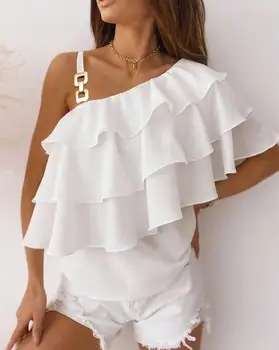נשים חולצה של העליון 2023 קיץ אופנה חדשה מתוק מזדמן למכור חם שכבות קפלים כתף אחת שרשרת קישוט הרצועה העליונה.