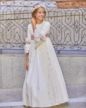 בציר פרח שמלת ילדה לחתונות תחרה הנסיכה ילדים קו בערב הטקס הראשון לבנה כדור שמלת שושבינה ג ' וניור