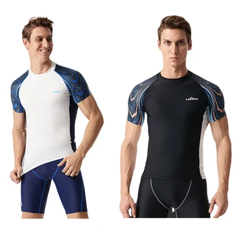 L-5XL גברים שרוול קצר פריחה שומרים חליפת גלישה חולצת לייקרה ייבוש מהיר בגד ים טופ טי-שירט הגנת UV שחייה גלישה