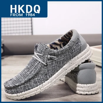 HKDQ קיץ קל משקל שחור לבן נעליים קלות לנשימה להחליק על גברים פשתן נעלי אופנת הנוחות החלקה Mens נעליים מזדמנים