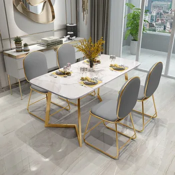 לבן מודרני, רגלי מתכת שולחן האוכל סט 4 כסאות זהב נורדי מסעדה השיש שולחן האוכל מסמר Muebles ריהוט למטבח