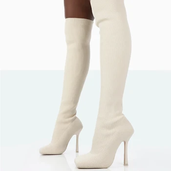 נשים מעל הברך מגפיים גבוהים החורף 2022 חדש הירך גרביים לסרוג מגפי העקבים חם סקסי נעלי סתיו בוהן מרובע מעל מגפי ברך