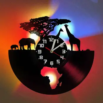 אפריקאי חיות בר פיל שעון קיר, התקליט ויניל, יצירתי, רטרו, 16 צבעים, LED שעונים, בבית, סלון, מיטה, קישוט החדר